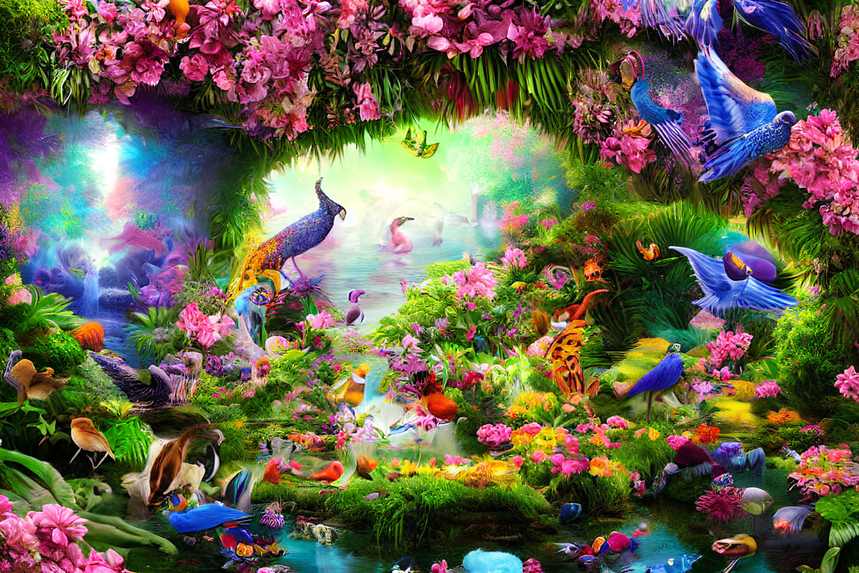 Colorful Fantasy Landscape with Flora, Birds, Butterflies, and Glowing Light