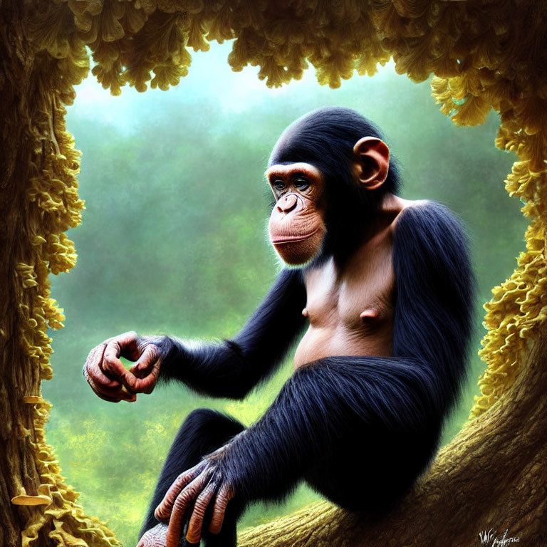 Young chimpanzee on lush forest tree branch gazes contemplatively