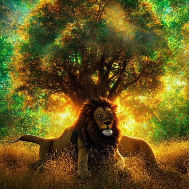 Majestic lion resting under sunlit tree in golden savanna