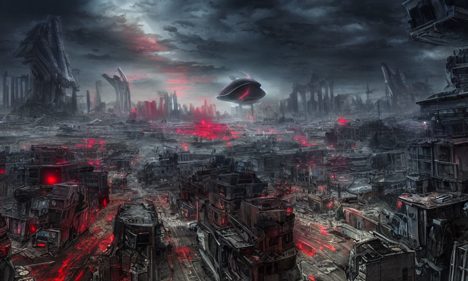 Dystopian cityscape with ruins, spaceship, and red sky
