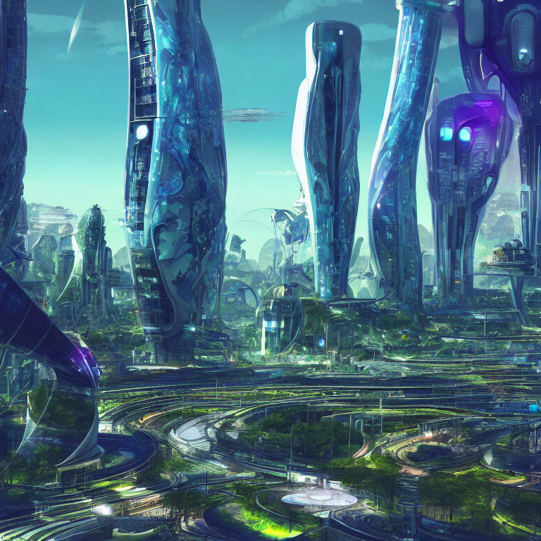 Futuristic cityscape with towering skyscrapers and elevated roads surrounded by greenery