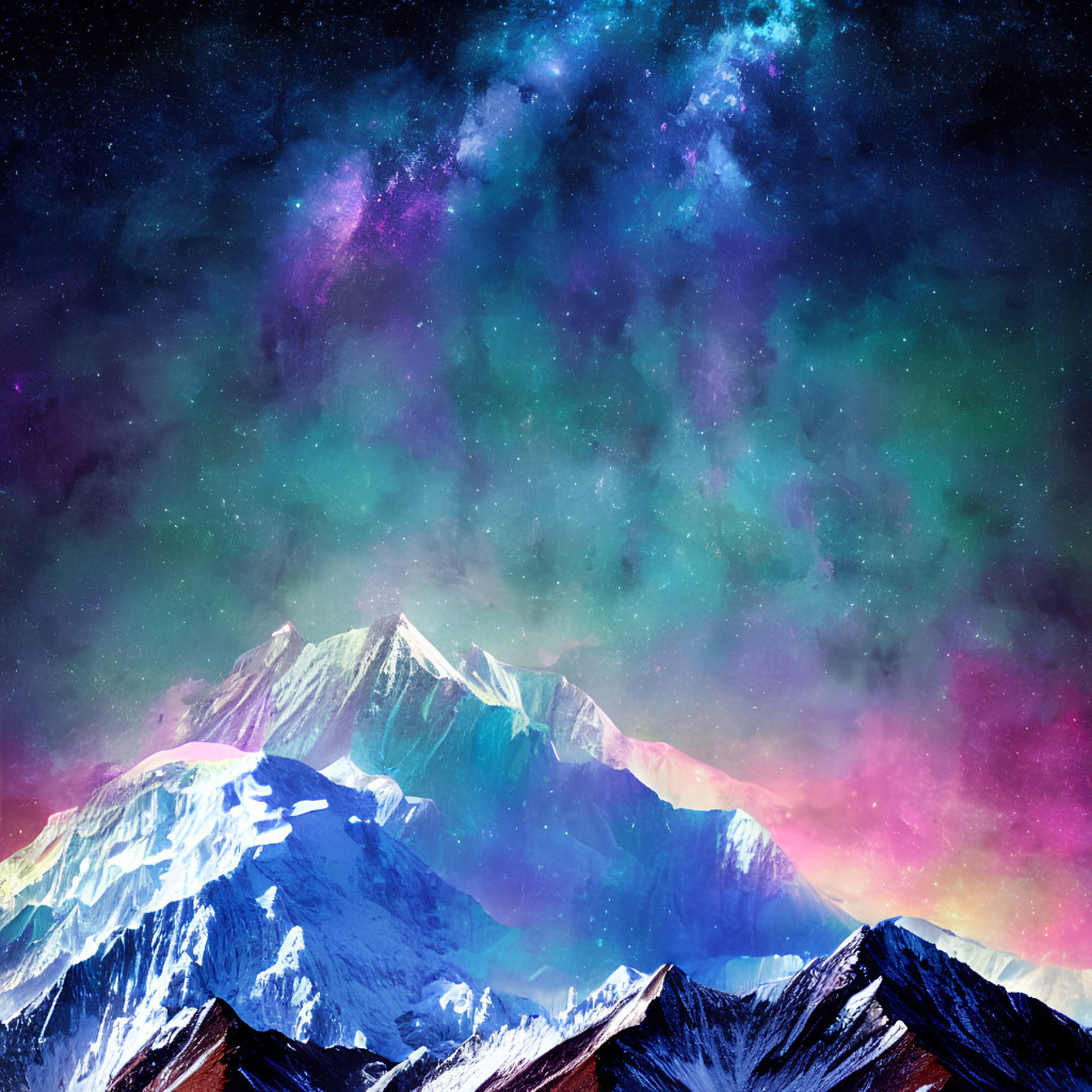 Starry Sky in Blue, Purple, and Pink above Snow-Capped Mountains