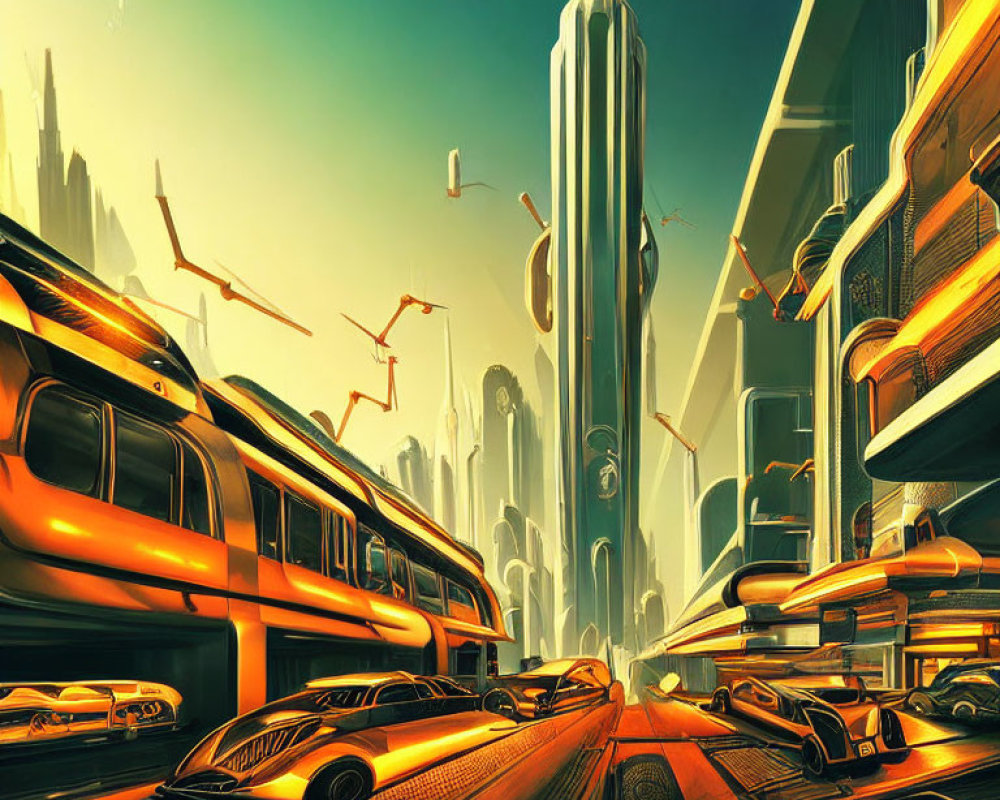 Futuristic cityscape with towering buildings and flying vehicles