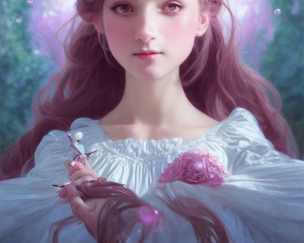 Digital artwork of young woman with flowers and fairy in dreamy setting