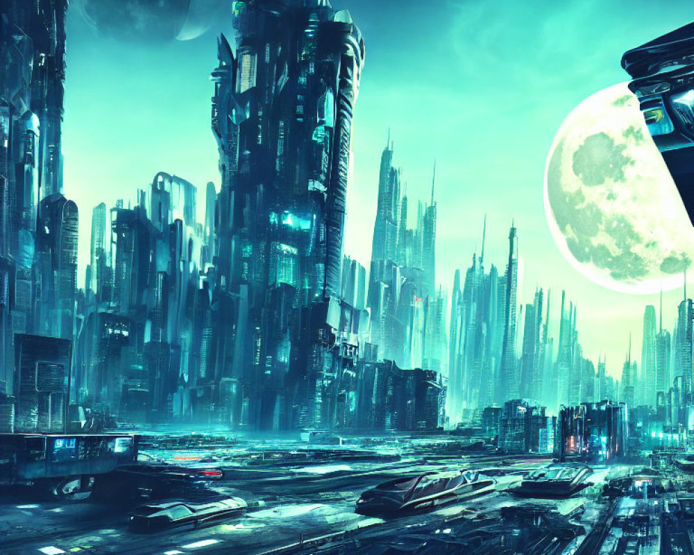 Futuristic cityscape with towering skyscrapers, moons, and space vehicles