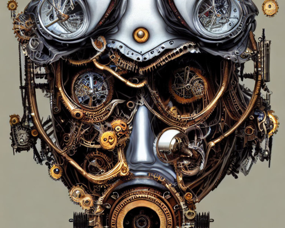 Detailed Steampunk Style Mechanical Skull Illustration on Neutral Background