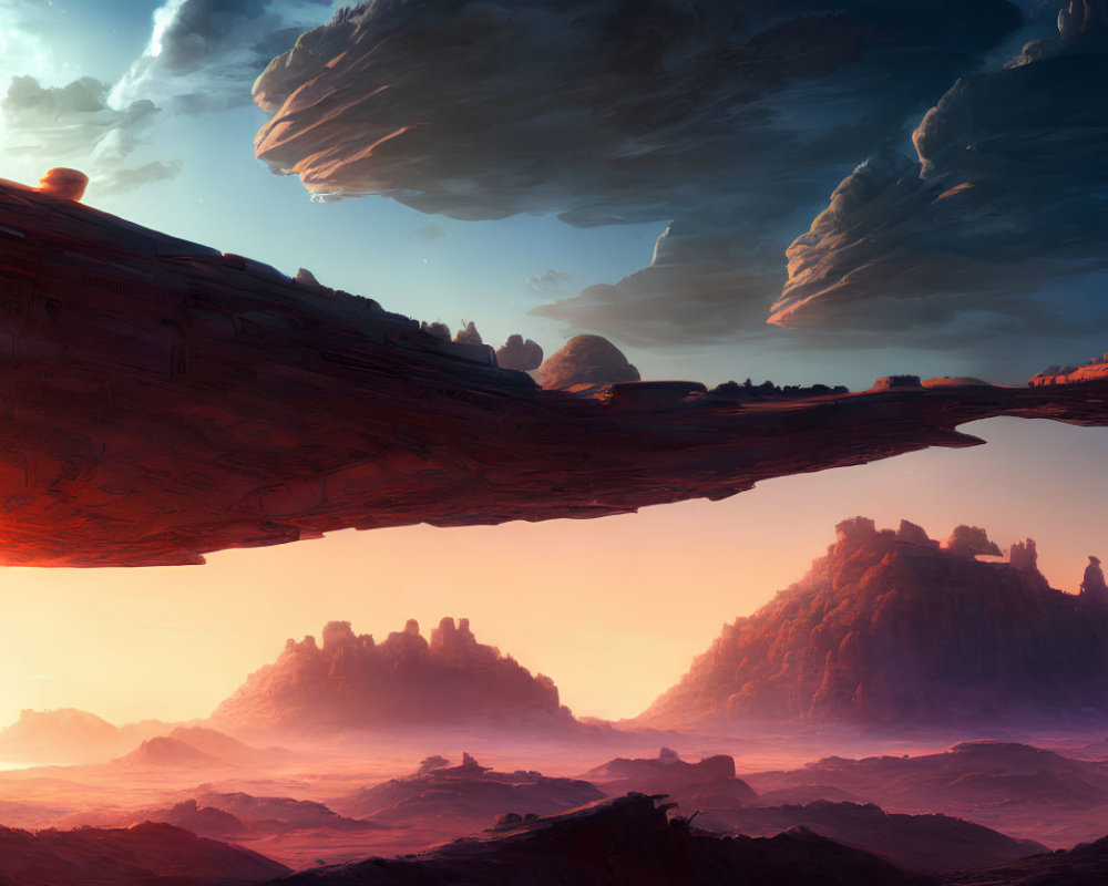 Alien landscape with dramatic sunset, massive rock formations, floating island, reddish-orange sky