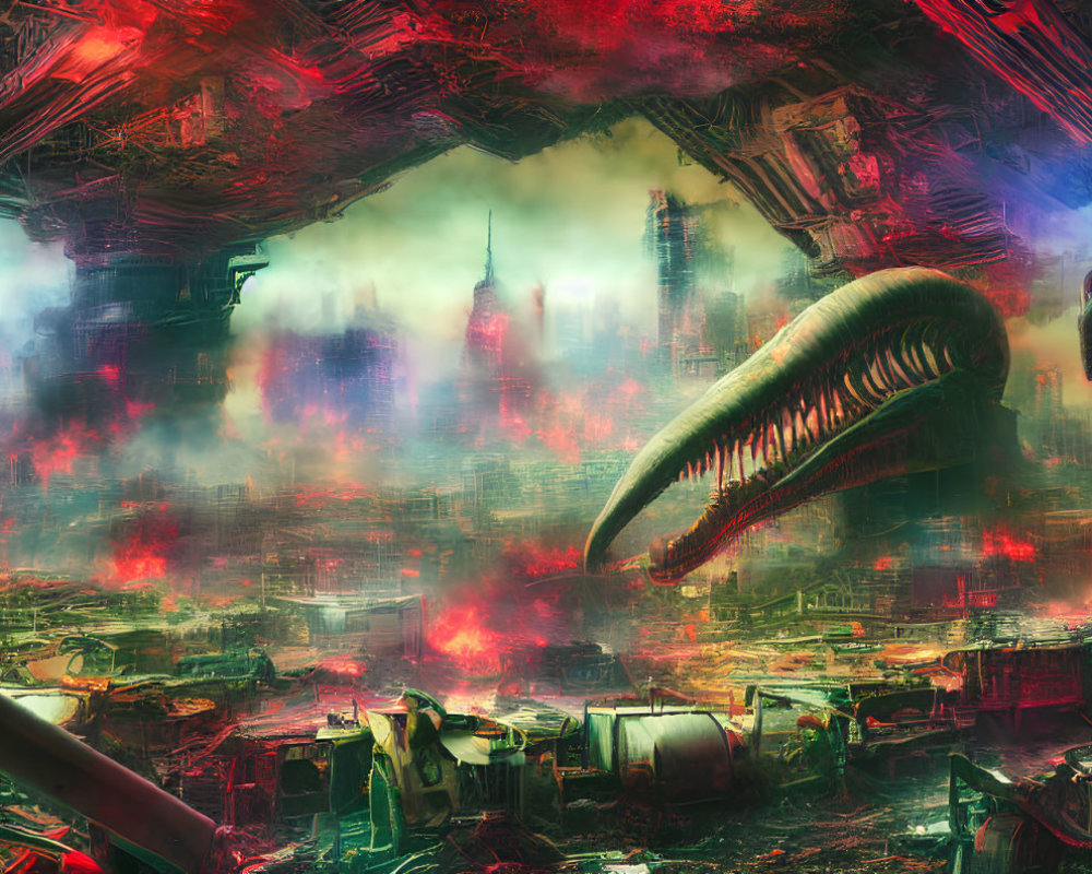Dystopian cityscape with monstrous alien creature among neon-lit high-rise buildings