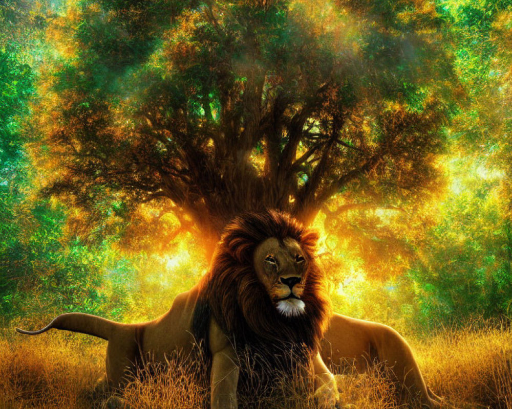 Majestic lion resting under sunlit tree in golden savanna