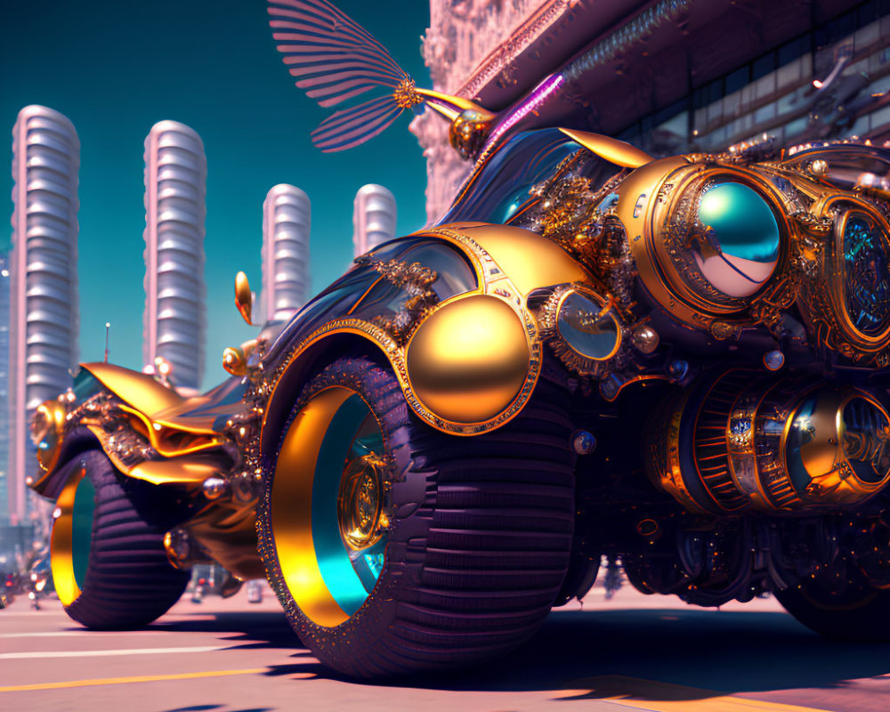 Golden futuristic motorcycle with mechanical wings in city street scene