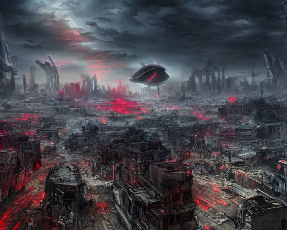 Dystopian cityscape with ruins, spaceship, and red sky
