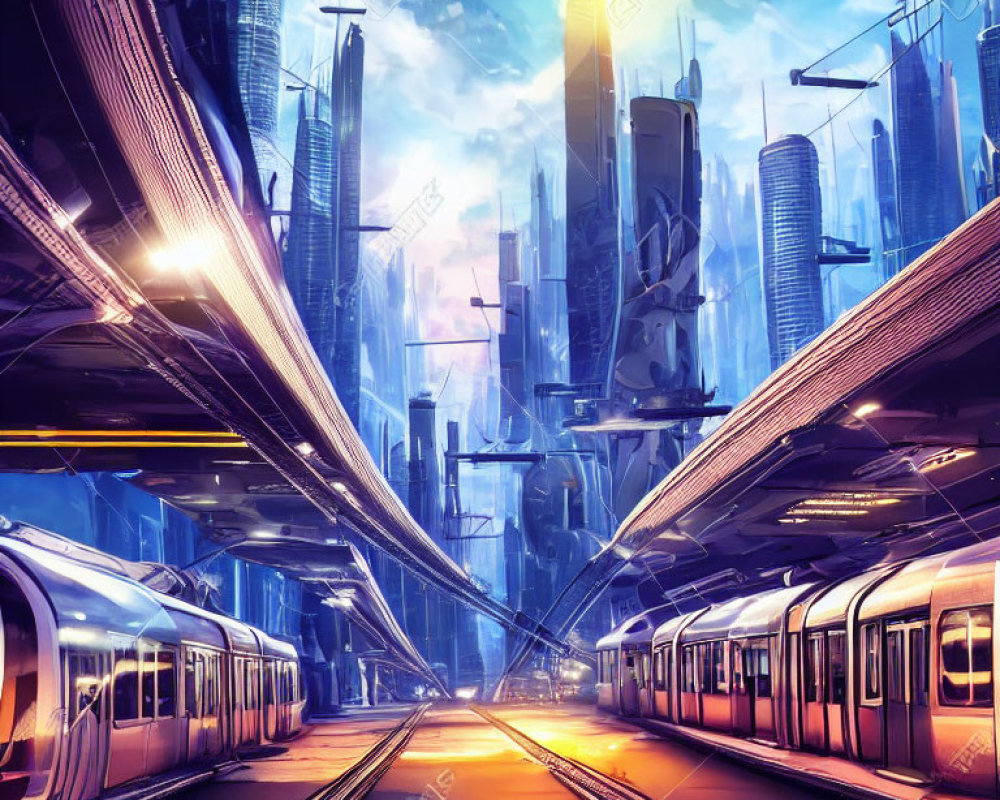 Futuristic cityscape with skyscrapers, trains, and twilight lighting