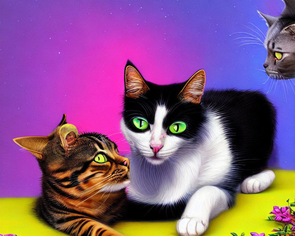 Three Vibrant Realistic Cats on Purple Starry Background with Pink Flowers