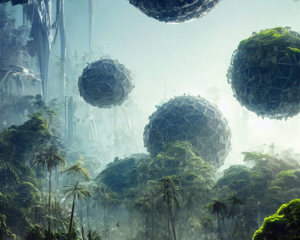 Spherical geodesic domes in futuristic forest with ethereal lighting