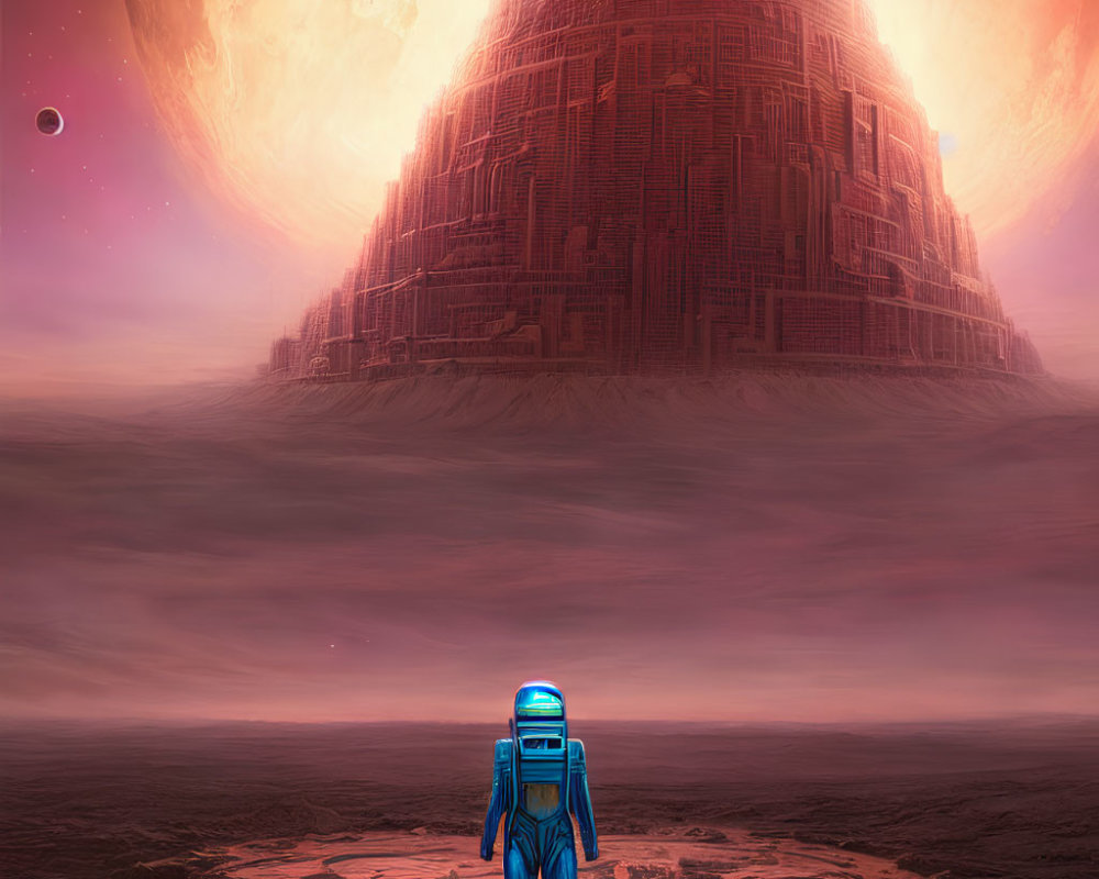 Astronaut in spacesuit at alien pyramid under red sun.