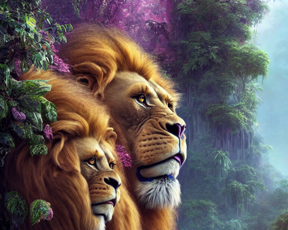 Vividly Colored Maned Lions in Mystical Jungle
