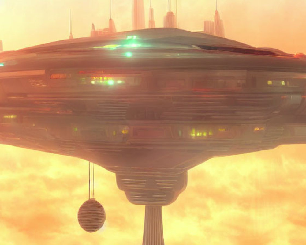 Futuristic spaceship in cloudy orange sky above cityscape