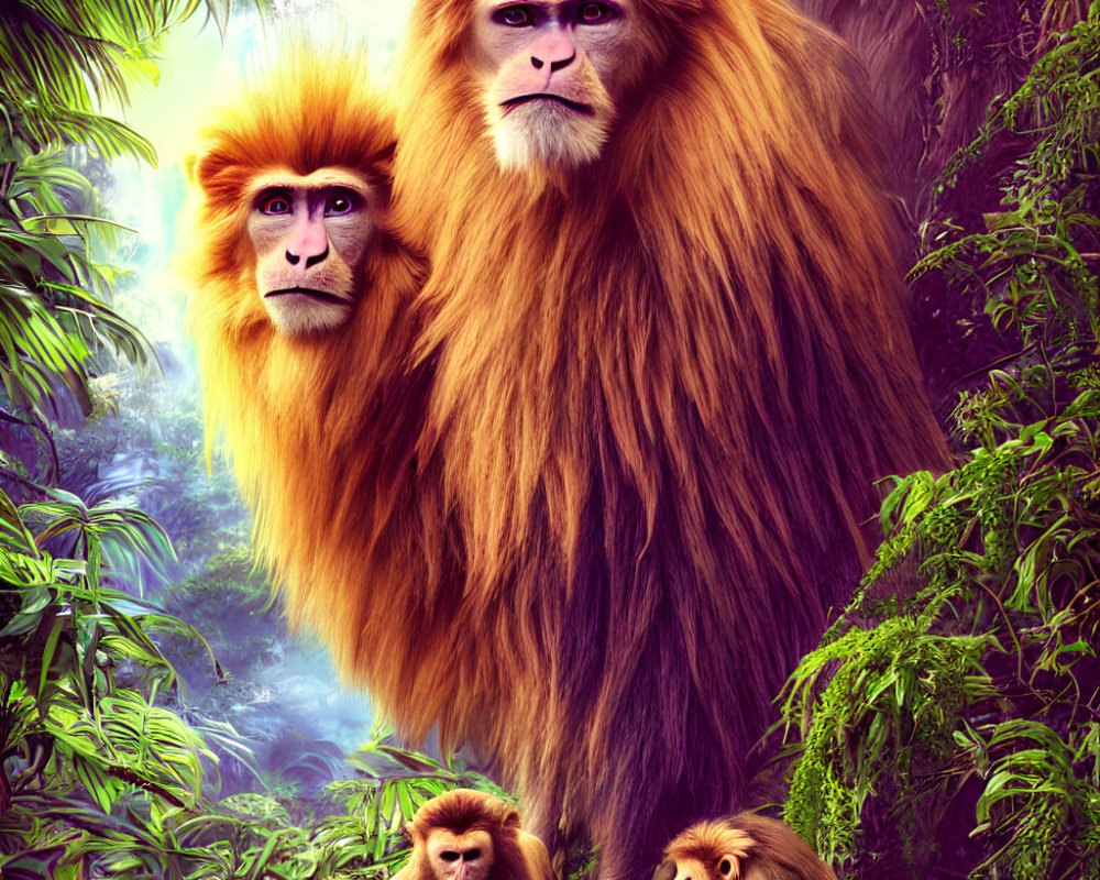 Three expressive orangutans in lush jungle setting