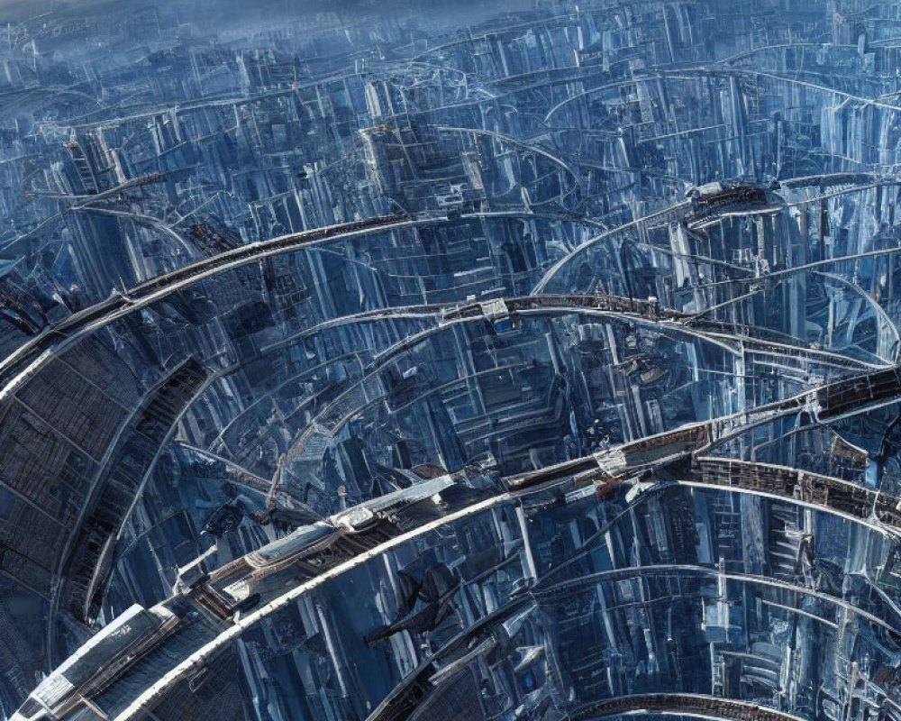 Futuristic elevated highways in dense cityscape under cloudy sky