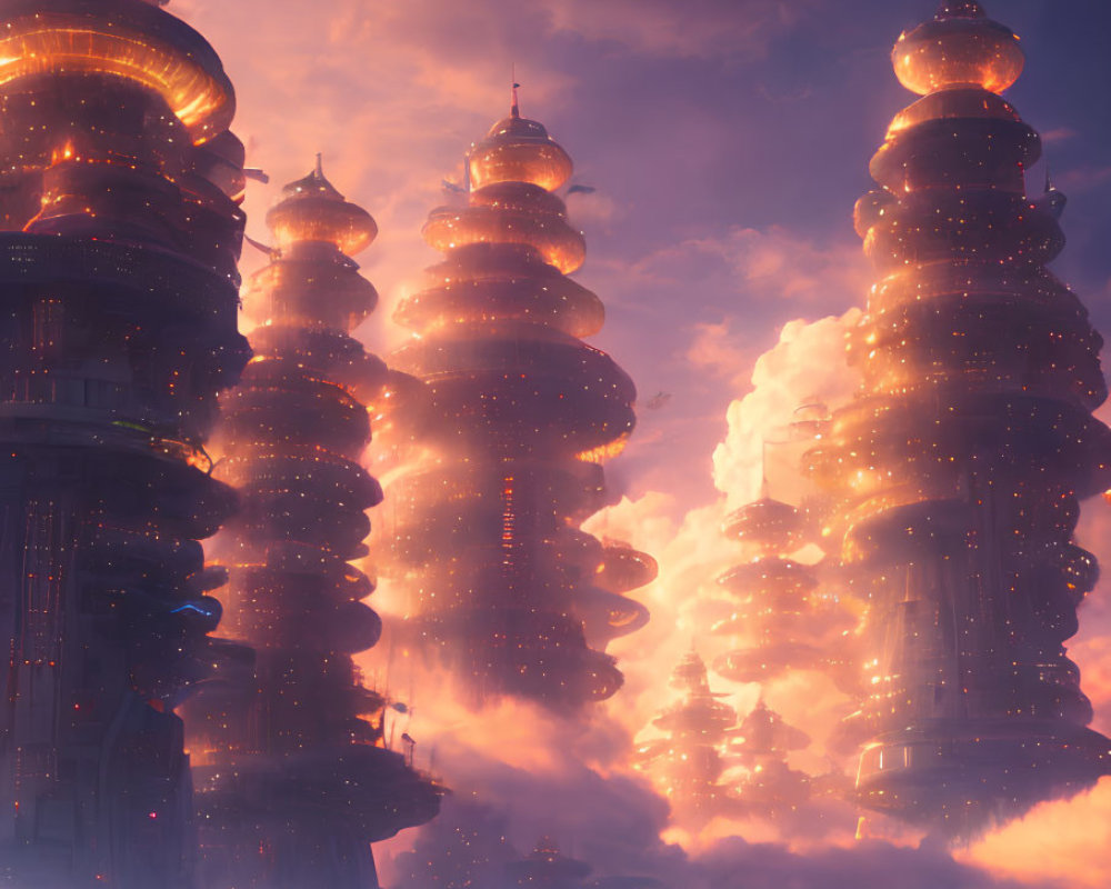 Towering futuristic cityscape against dramatic sky