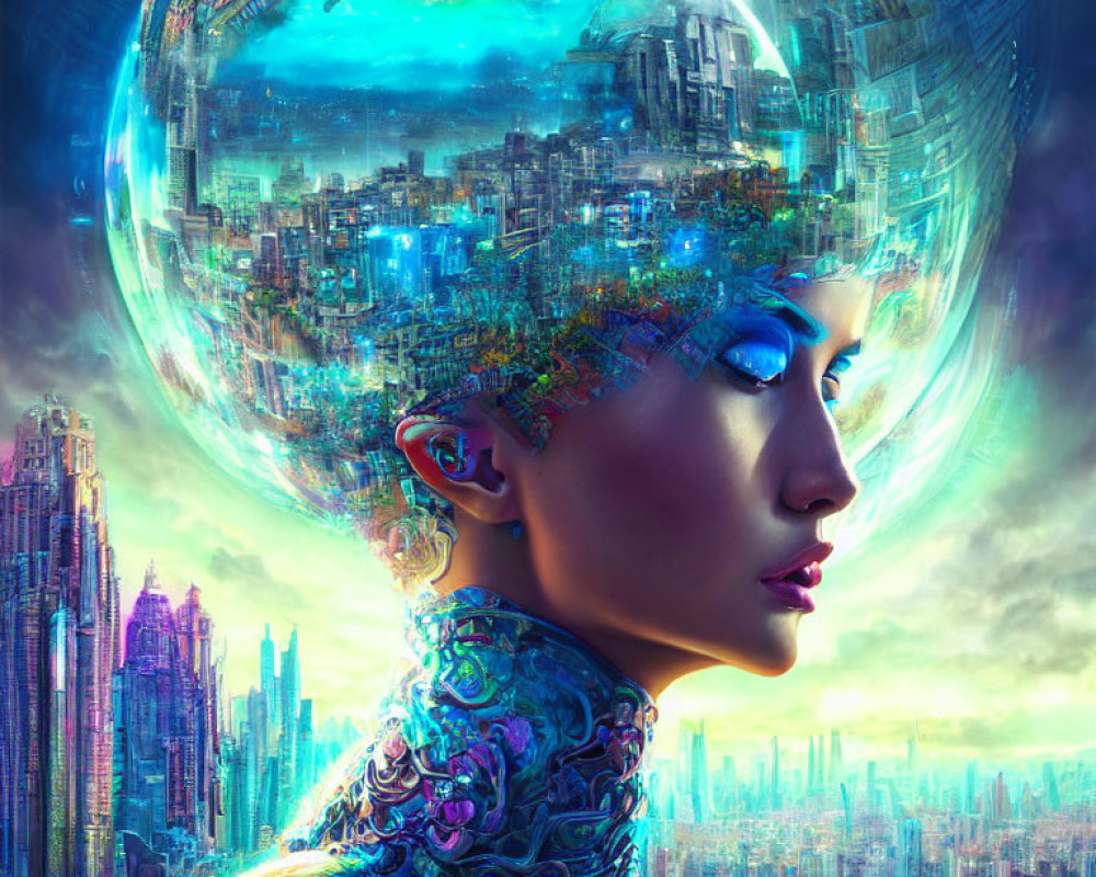 Futuristic digital artwork of woman with cityscapes in sphere