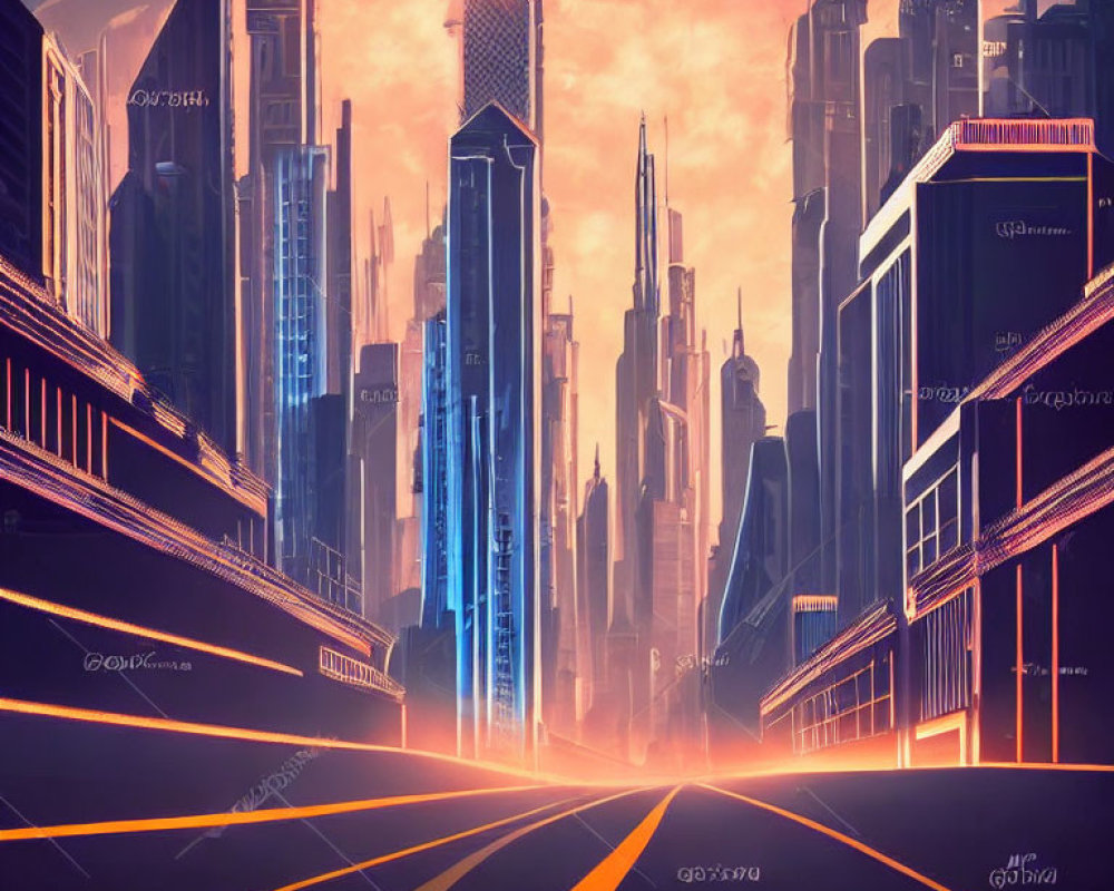 Futuristic cityscape with glowing skyscrapers and radiant sun