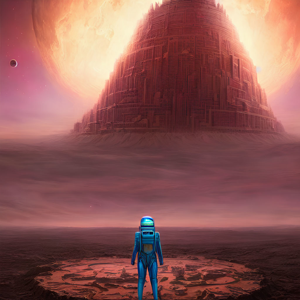Astronaut in spacesuit at alien pyramid under red sun.