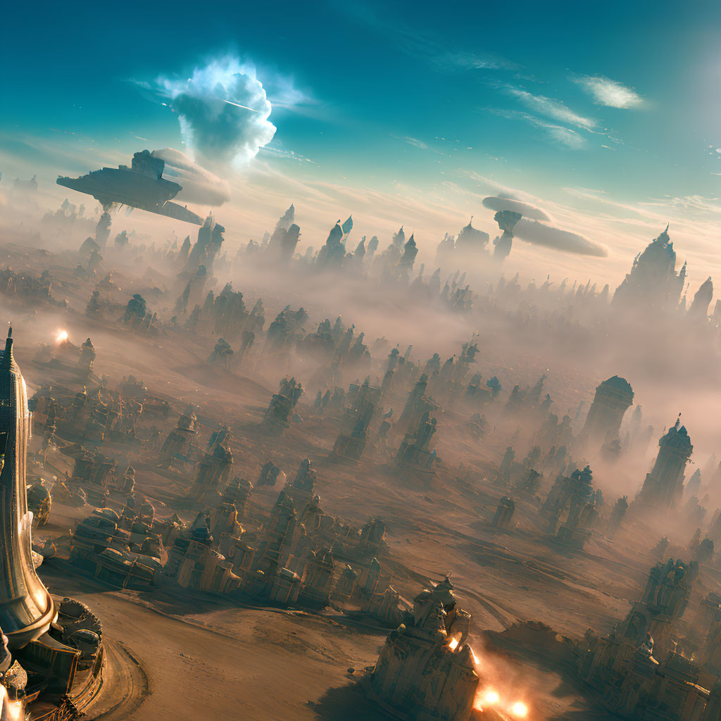 Futuristic cityscape with towering spires and hovering spaceship in hazy atmosphere