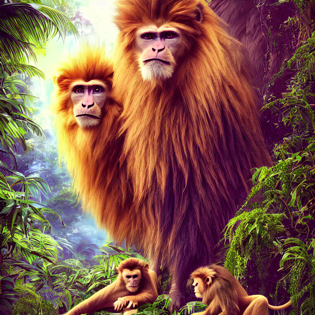 Three expressive orangutans in lush jungle setting