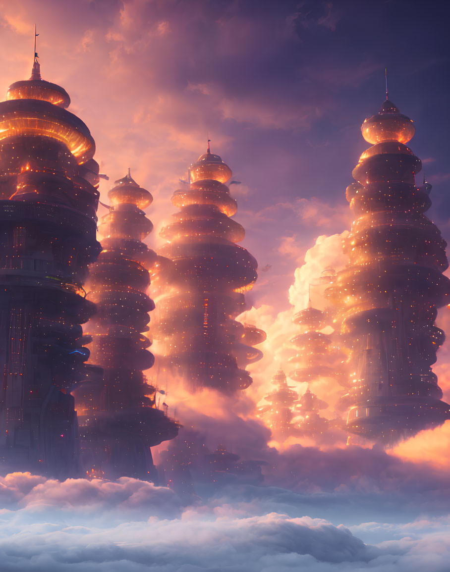 Towering futuristic cityscape against dramatic sky