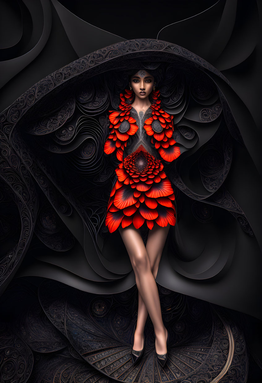 Woman in Red and Black Outfit Against Intricate Decorative Background