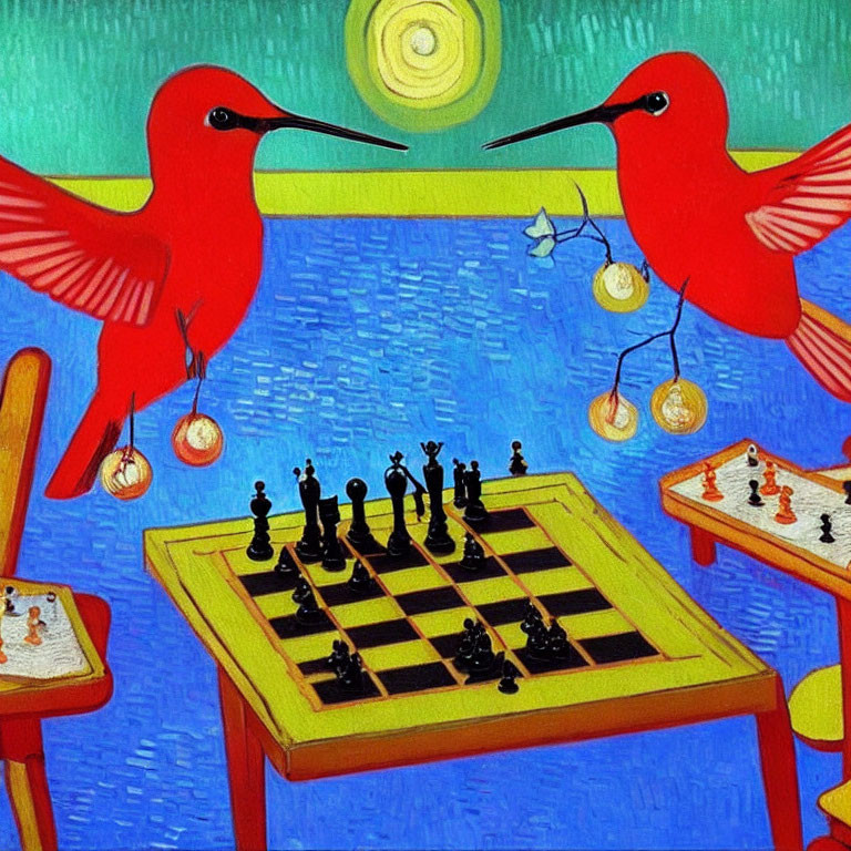 Two red hummingbirds and chessboard under yellow sun and blue sky