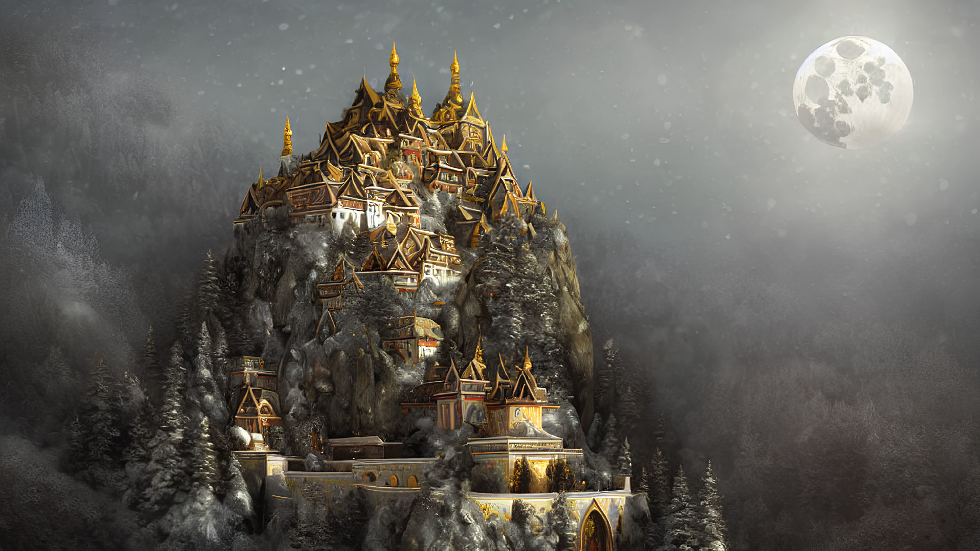 Golden-roofed palace on rugged mountain in moonlit snowy landscape
