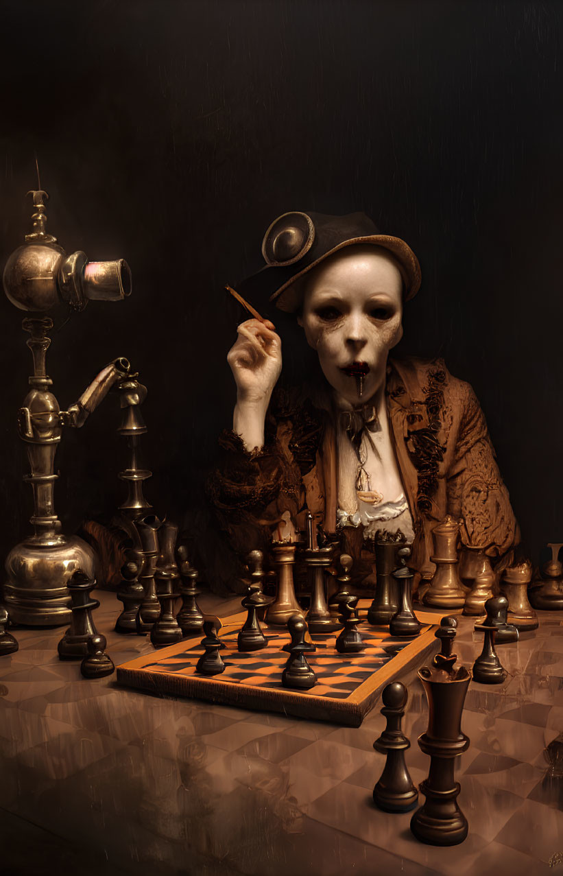 Person in white face makeup with chessboard and vintage hat poses thoughtfully