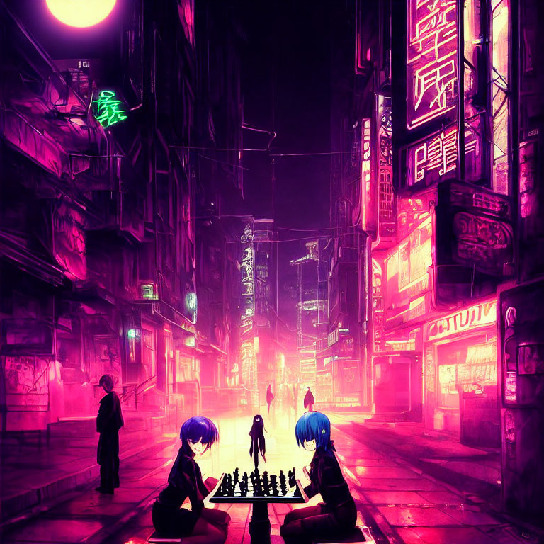 Neon-lit cyberpunk street scene with animated characters playing chess