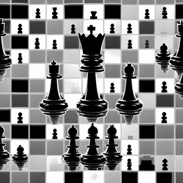 Monochrome chessboard featuring black queen, pawns, bishops, and king.