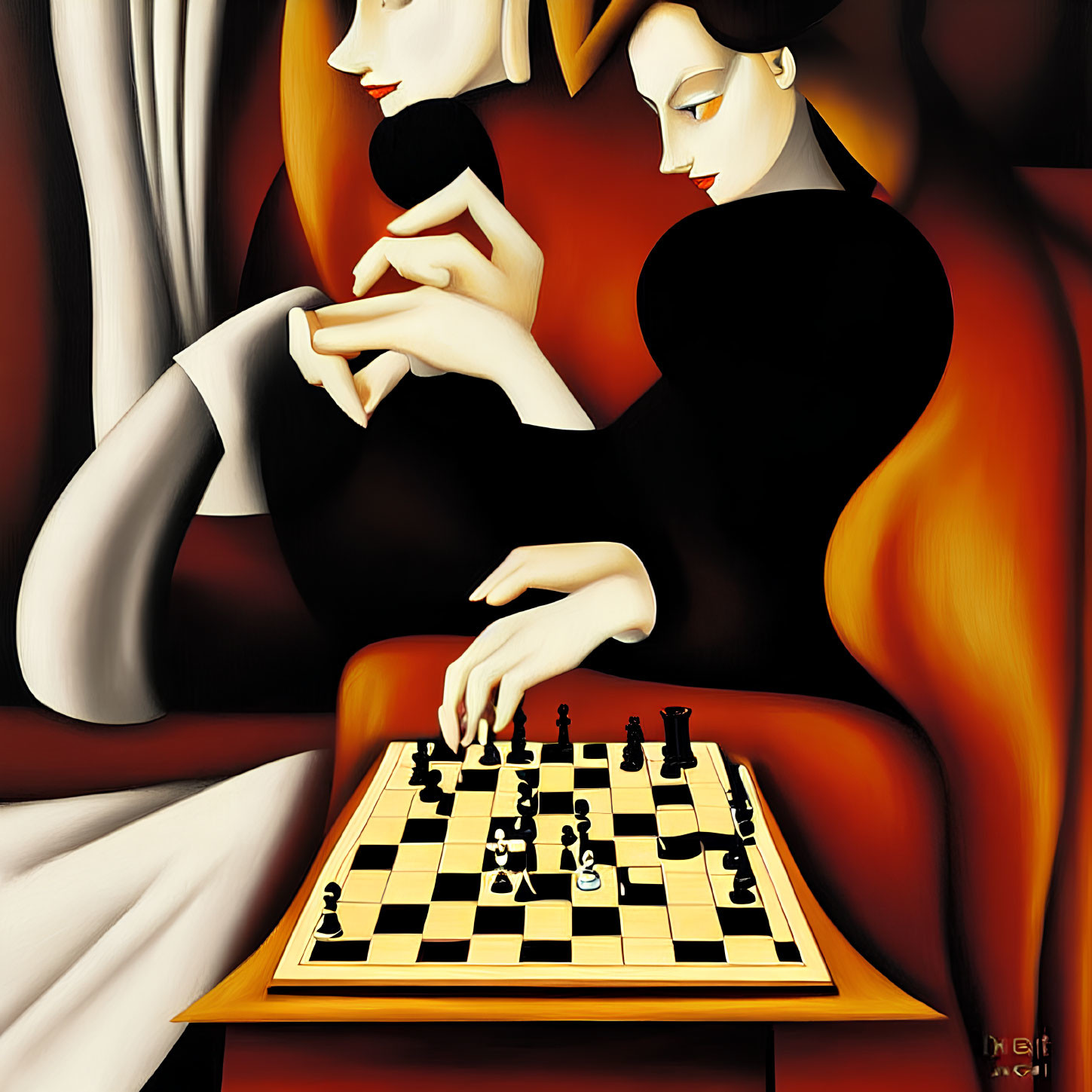 Abstract chess players in elongated style against warm-toned backdrop