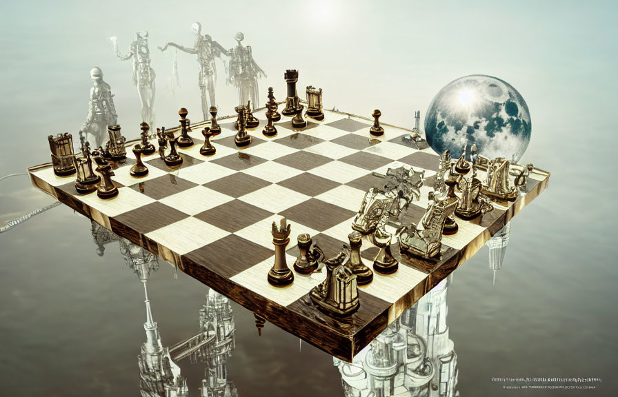 Surreal chessboard with robotic figures and moon in misty background