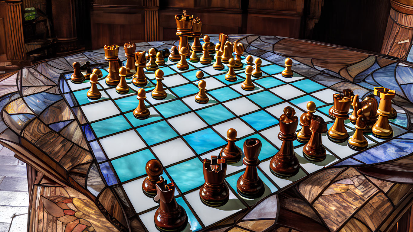 Detailed Wooden Chess Pieces on Glass Board in Sunlit Room