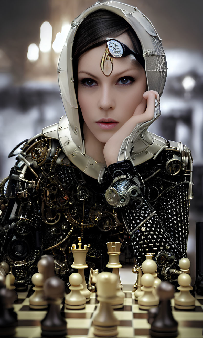 Futuristic armor woman contemplates chessboard with mechanical elements