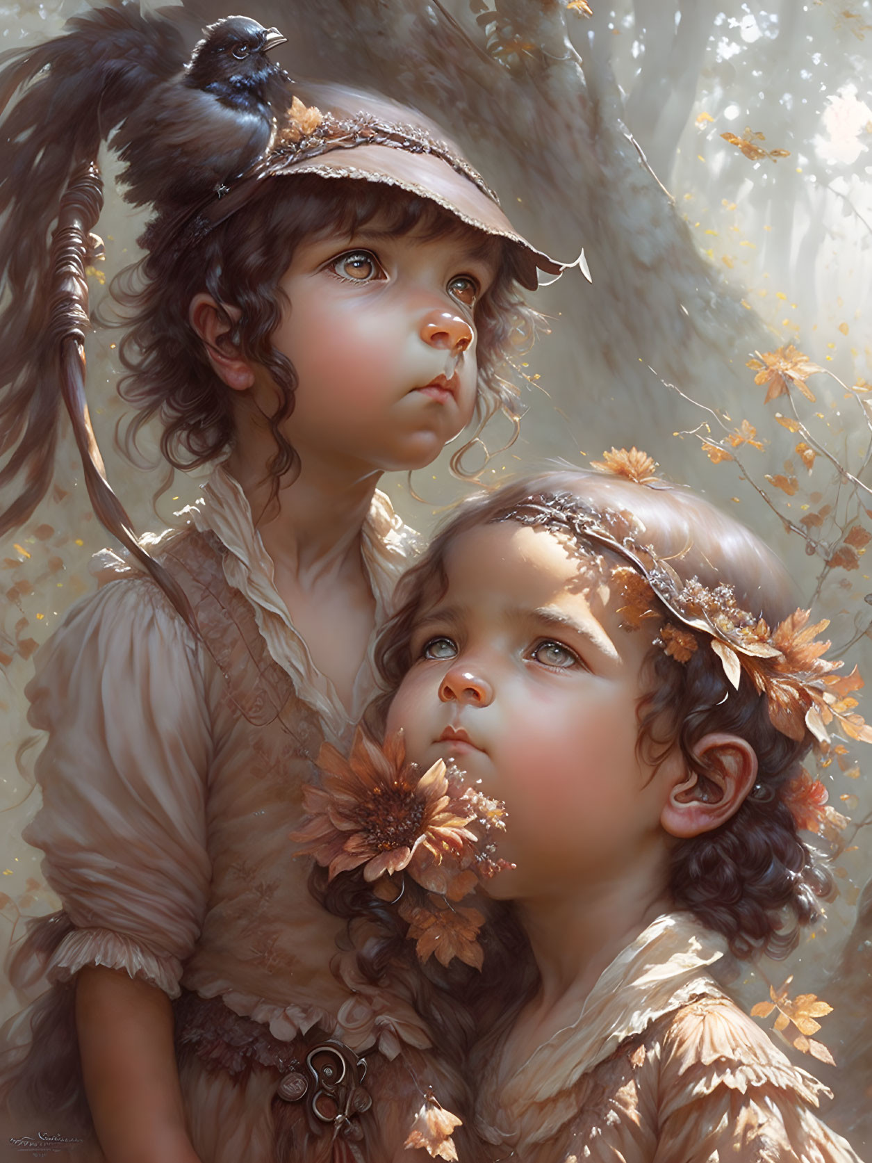 Children with floral adornments under sunlight with bird perched on cap