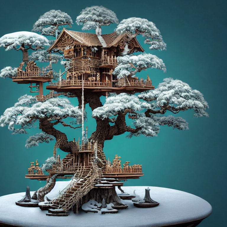 Miniature Snow-Covered Bonsai Treehouse Diorama
