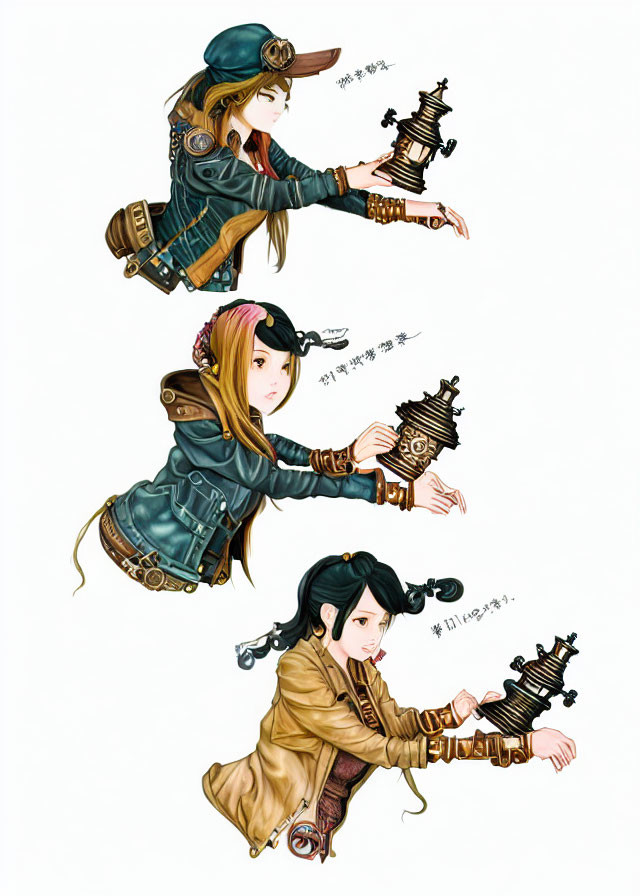 Three Steampunk Female Character Illustrations with Mechanical Device in Different Poses