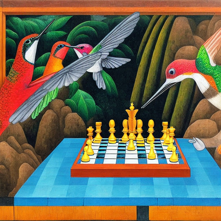 Vibrant hummingbirds and chessboard in nature-themed frame