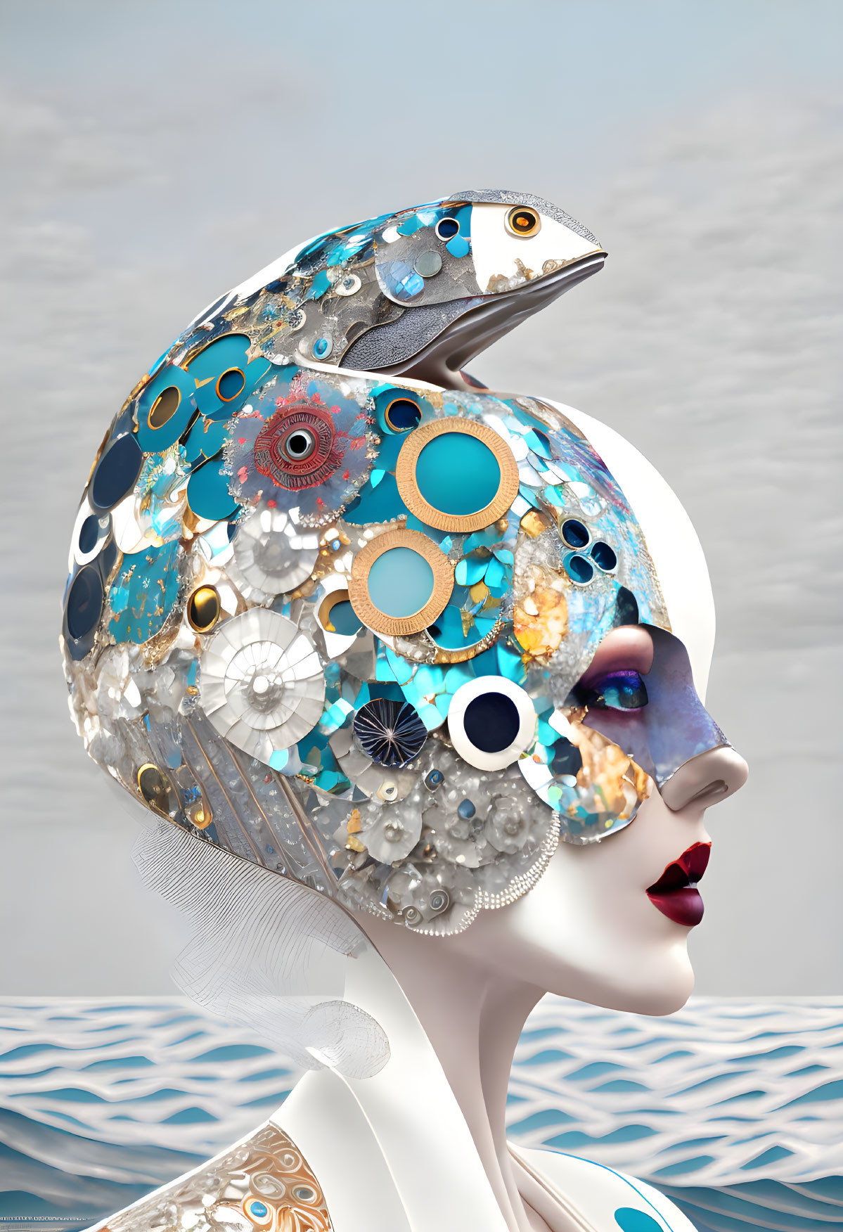 Surreal portrait of female figure with half-mechanical fish head
