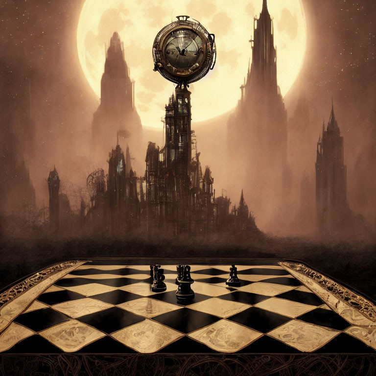 Gothic landscape with towering spires, moon, floating clock, and chessboard.