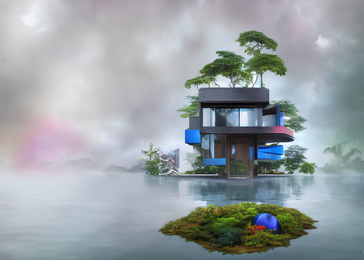 Modern multi-level house with large windows and blue accents on misty island.