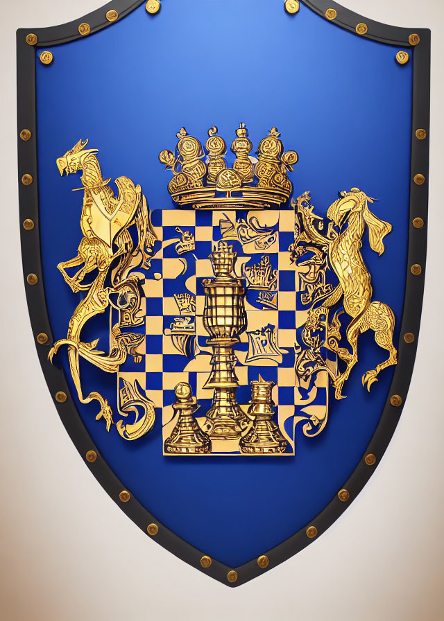 Chess-themed coat of arms on shield-shaped emblem with golden pieces on blue background