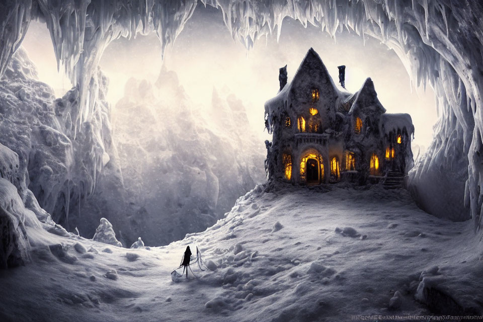 Snow-covered cottage in icy cave with stalactites