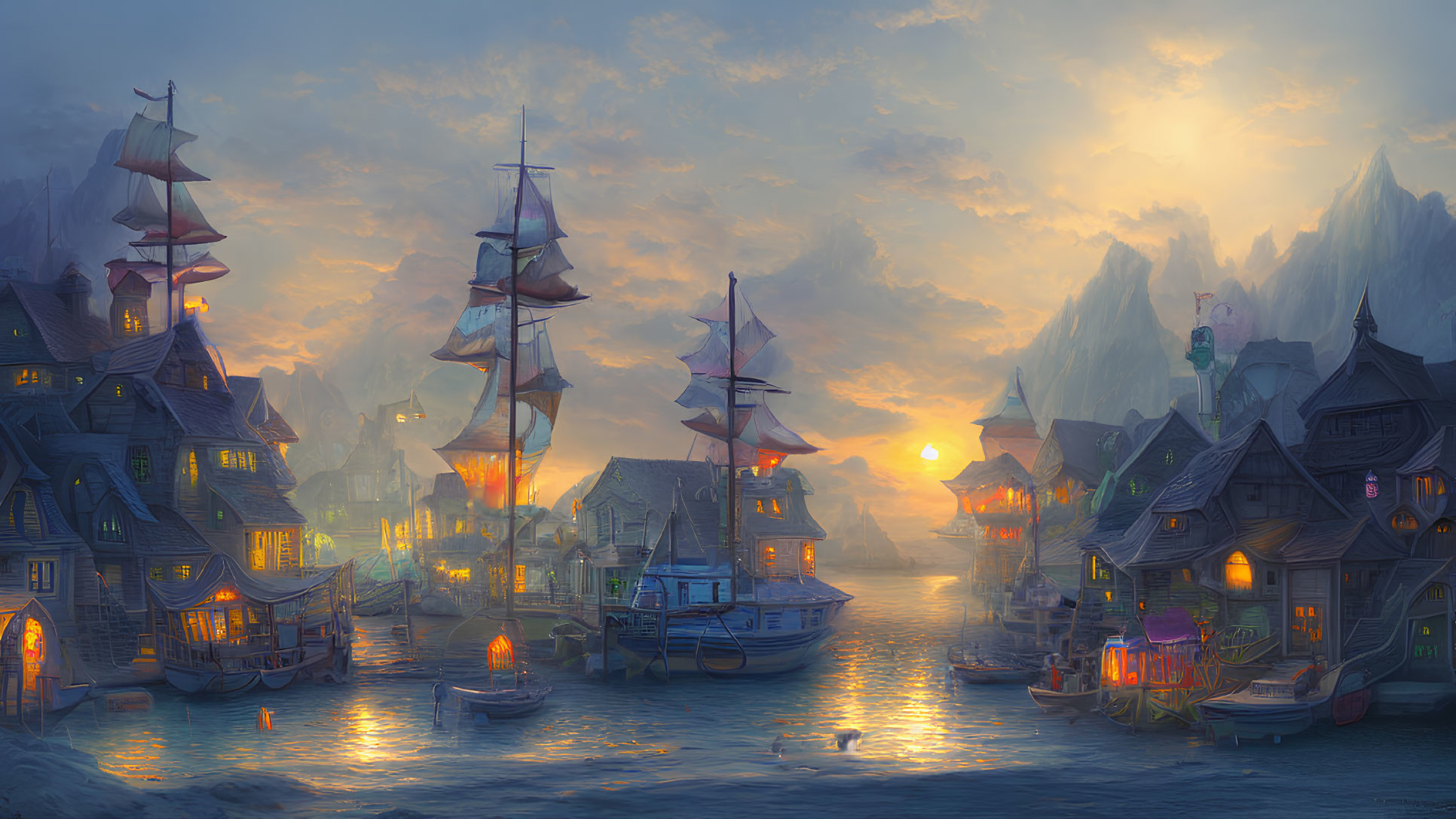 Fantasy harbor scene at dusk with tall ships and glowing lanterns